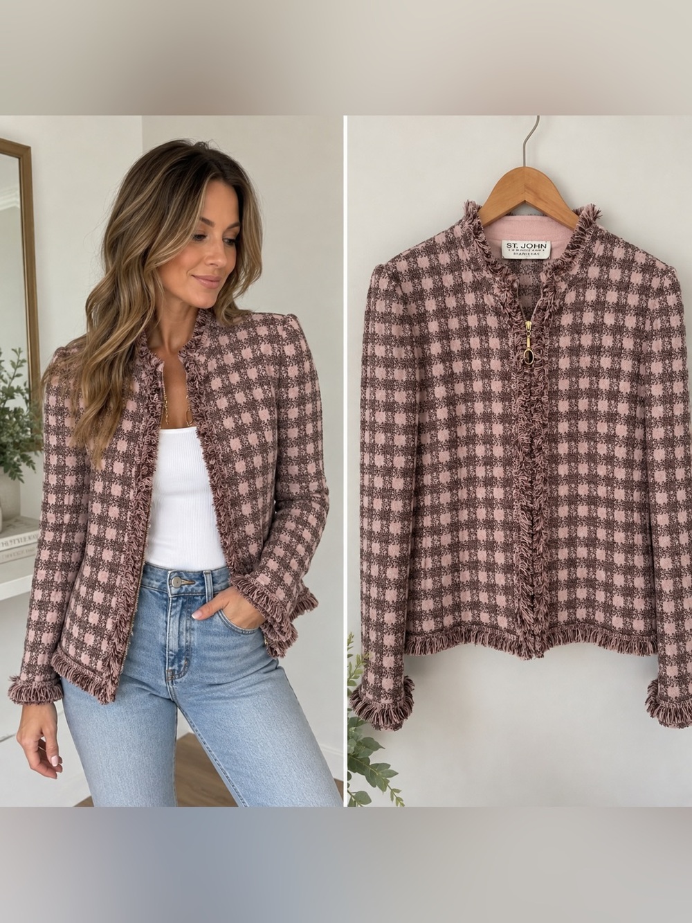 St. John Collection by Marie Gray Pink Tweed Fringe Fall Knit Jacket Size 2